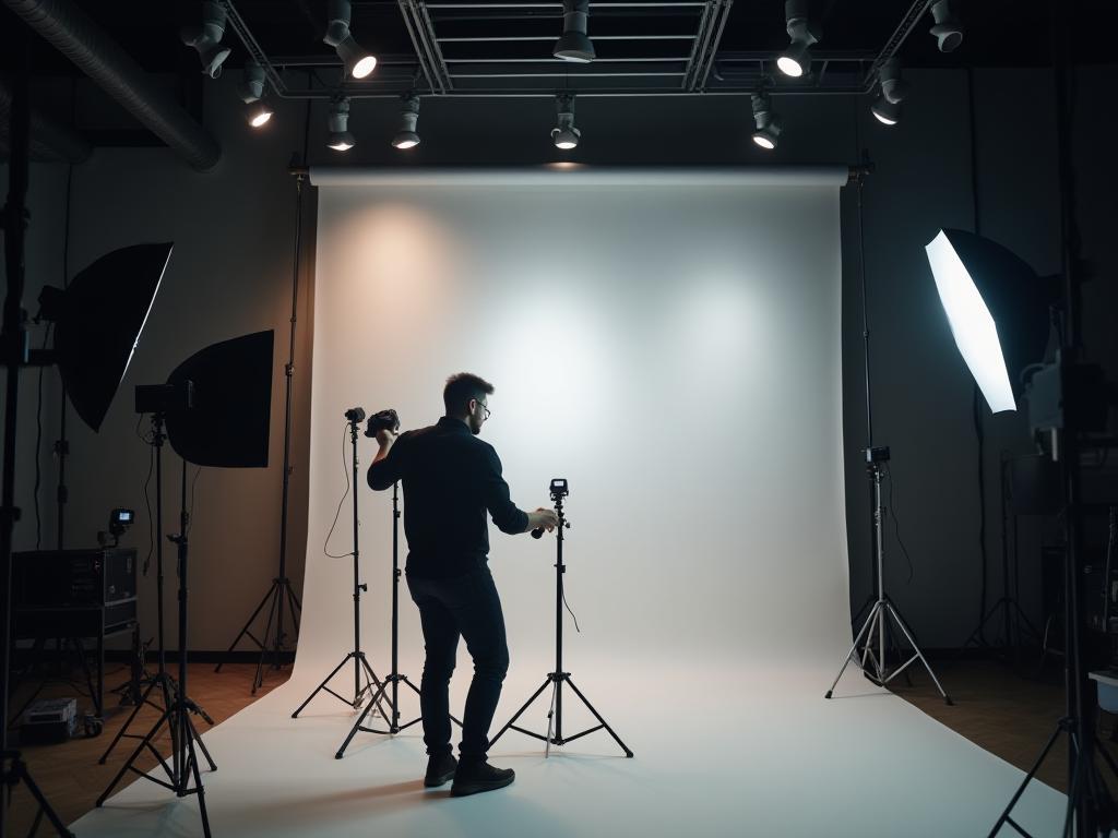 Professional photographer setting up lights in a modern studio