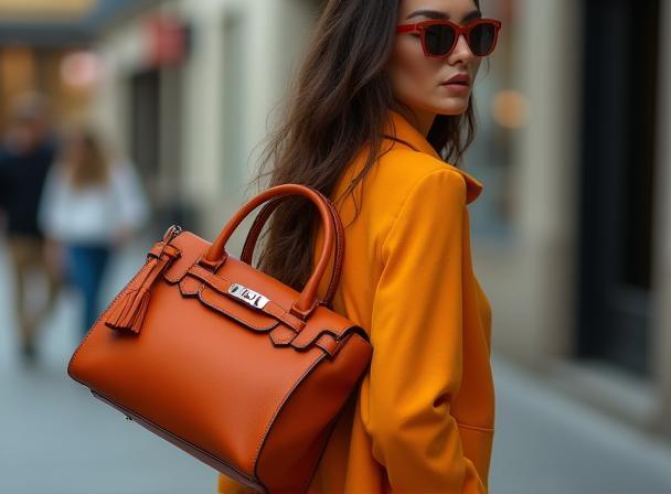Commercial fashion photography featuring a model posing with a bag