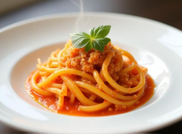 Commercial photography of gourmet pasta dish with vibrant sauce
