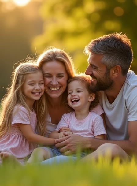 Happy family portrait taken outdoors, everyone laughing